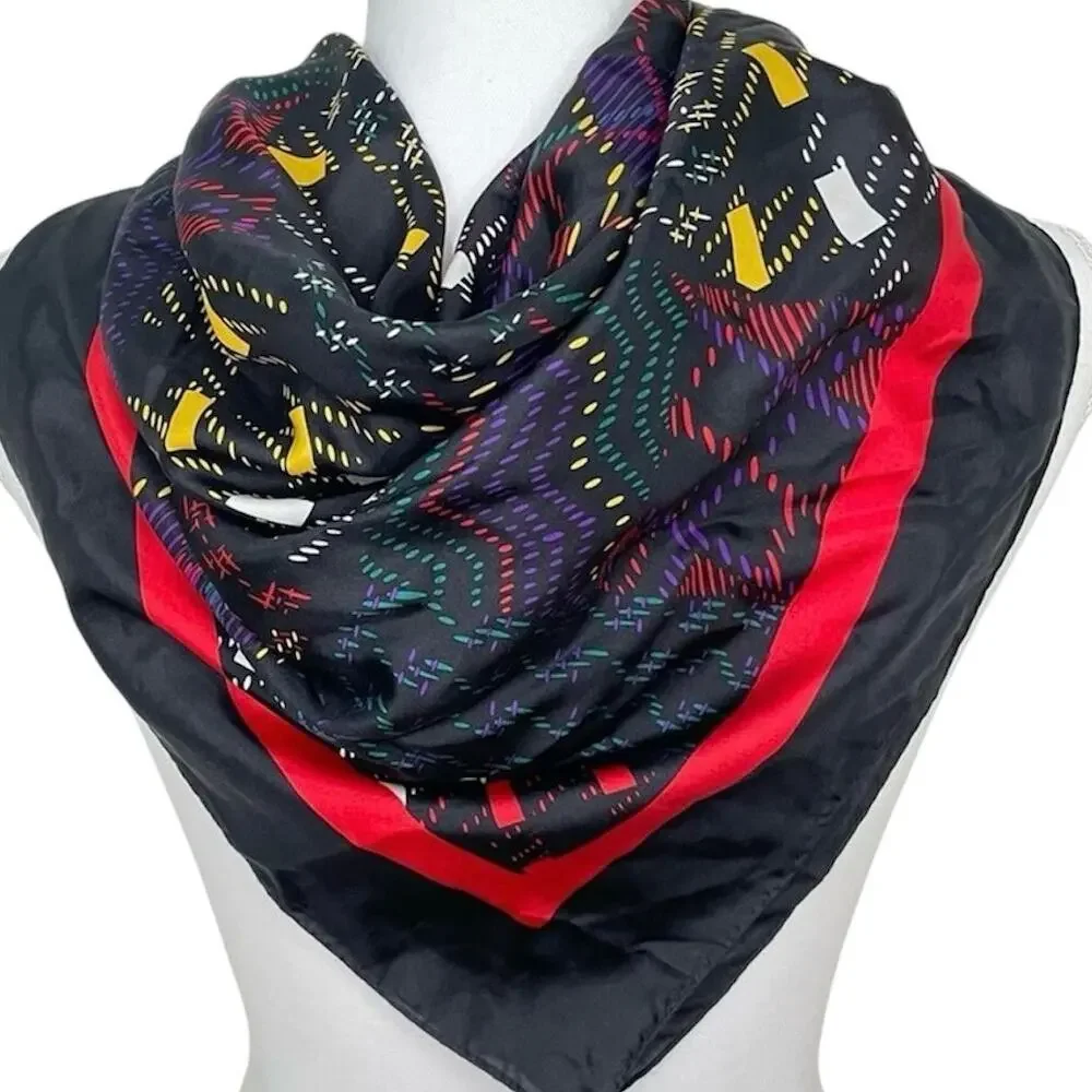 Vintage 80s Christian Dior 100% Silk Black Red Abstract Plaid 30